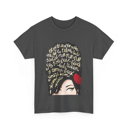 Amy Rehab Lyrics Graphic Tee - Luxurious Unisex Cotton T-Shirt illustrating a modern design featuring iconic lyrics in gold on a heather grey fabric.