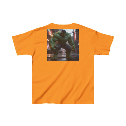 Kids Heavy-Duty Hulk Graphic Tee presenting a bold image of the incredible Hulk, ideal for aspiring superheroes, crafted in a vibrant orange hue.