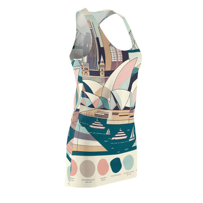 Vivienne Stellart Sydney Dress - Elegant Racerback Design showcasing pastel hues inspired by Sydney's harbour beauty, featuring contemporary patterns that merge iconic city elements.