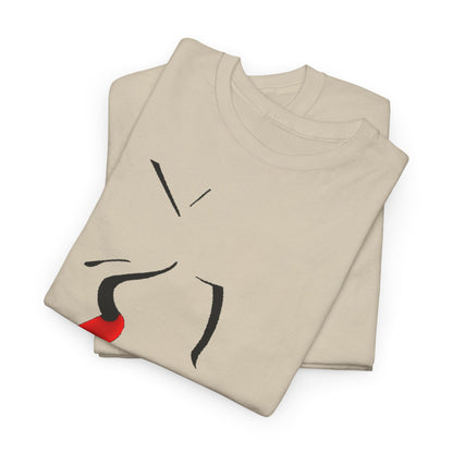 Luxurious unisex graphic cotton t-shirt featuring an artistic design of abstract faces and a bold red element on a beige background, presented in a folded style.