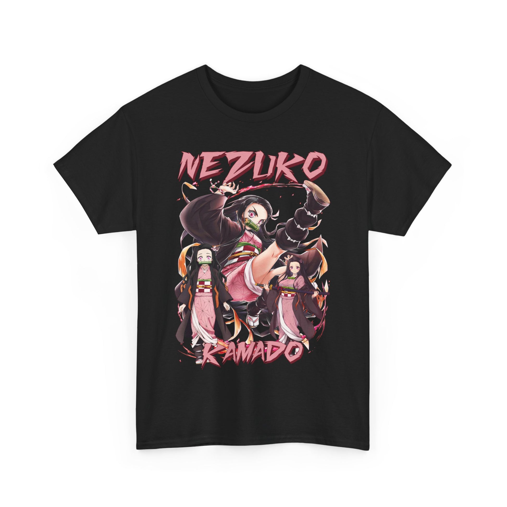 Elegant black Nezuko Kamado T-shirt with dynamic anime design, blending comfort and style for avid fans of Demon Slayer.