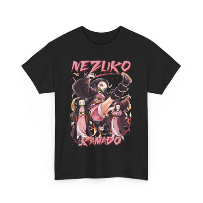 Elegant black Nezuko Kamado T-shirt with dynamic anime design, blending comfort and style for avid fans of Demon Slayer.