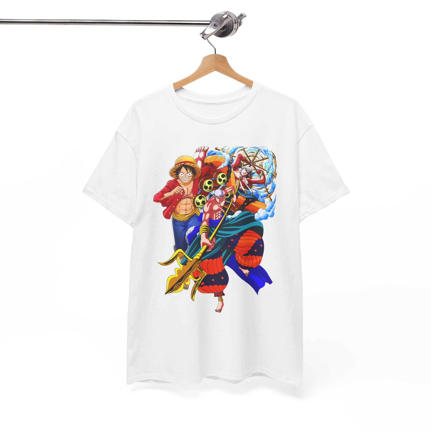 Luxurious white t-shirt showcasing vibrant anime artwork with iconic characters, ideal for trendsetters and anime enthusiasts.
