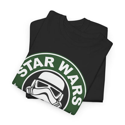 Luxury Star Wars Coffee shirts neatly folded with a classic Stormtrooper helmet circle logo, perfect for gifting or elevating your wardrobe.