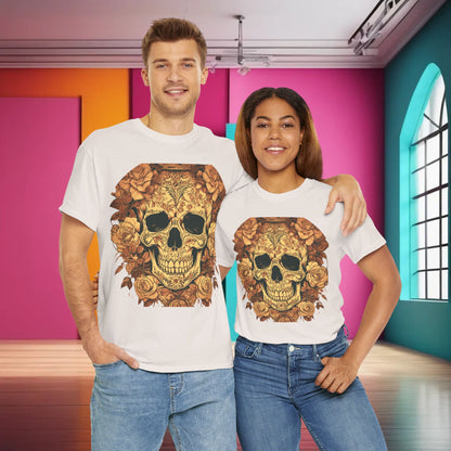 Fashionable Skulls and Roses Cotton Tee, worn by a stylish couple, highlighting the detailed skull and rose graphic, ideal for making a bold statement in a luxury fashion setting.