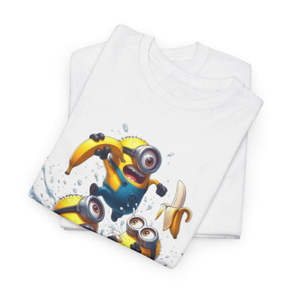 Mens Funny T-Shirt: Minions Banana Splash illustrates playful Minions having fun in water, perfect for adding a splash of joy to your wardrobe. This funny t-shirt is a perfect pick for fans of Despicable Me.
