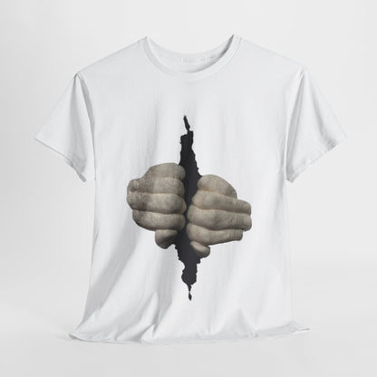 Let Me Out Funny Graphic Unisex T Shirt featuring a dramatic design with sculpted hands emerging from a tear in the fabric, perfect for those who appreciate unique and artistic apparel.