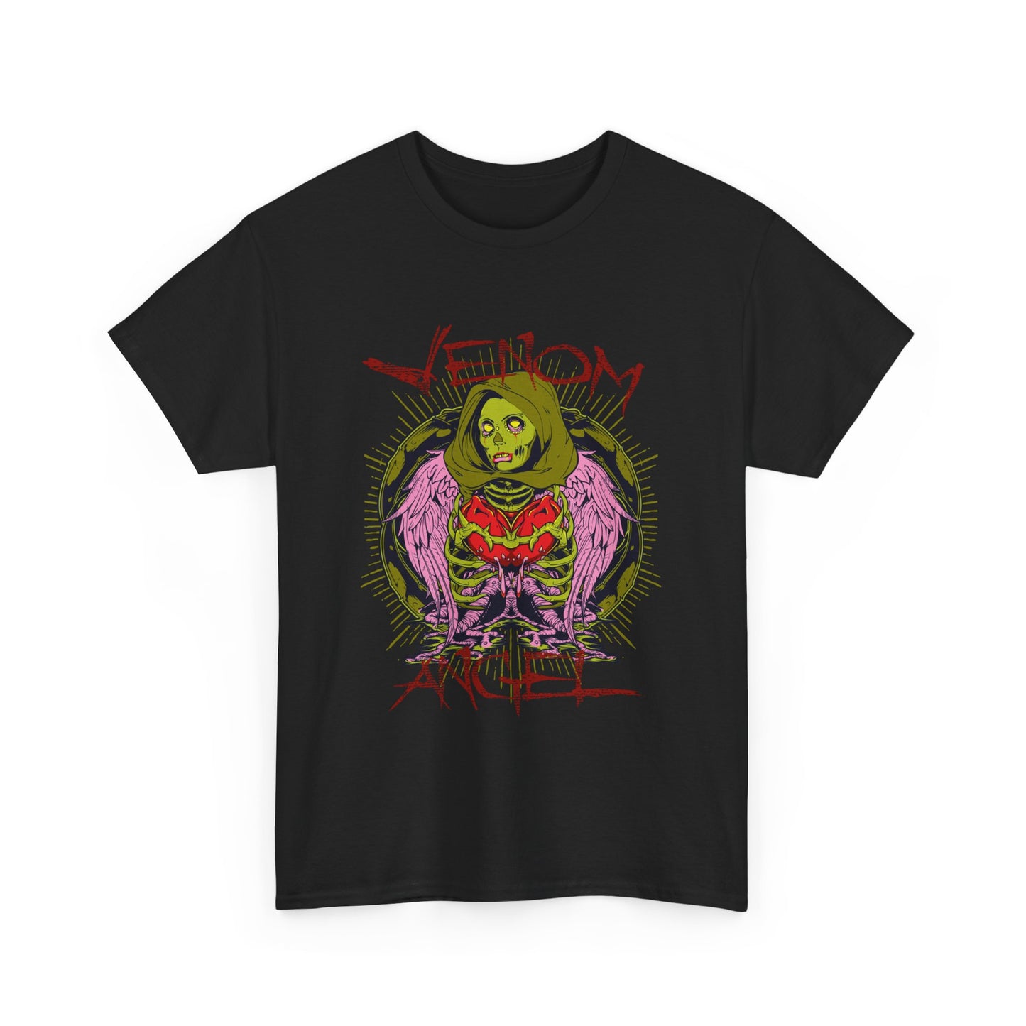 Luxury men’s t-shirt featuring striking green angel artwork with intricate skull and wing designs, perfect for making a bold fashion statement.
