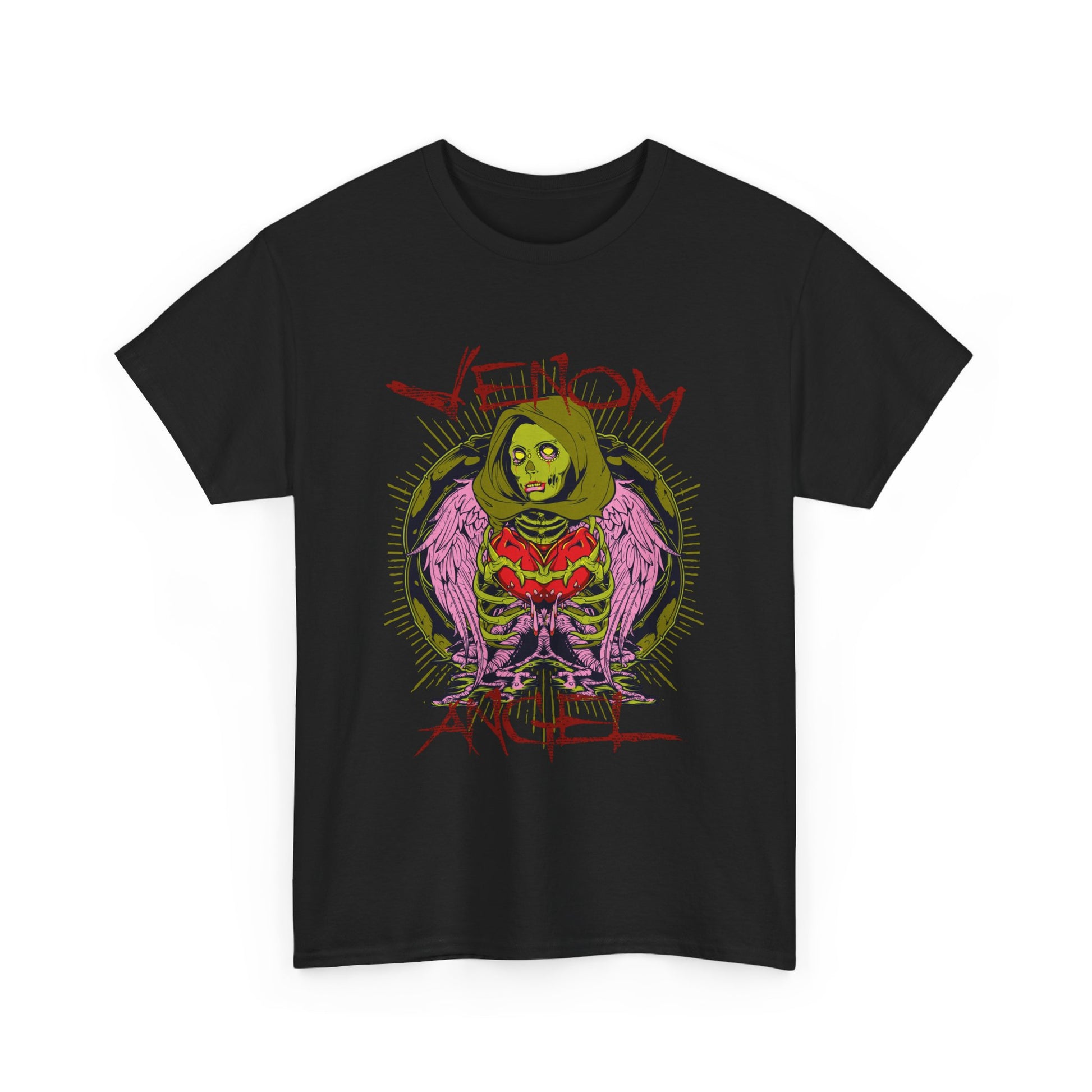 Luxury men’s t-shirt featuring striking green angel artwork with intricate skull and wing designs, perfect for making a bold fashion statement.