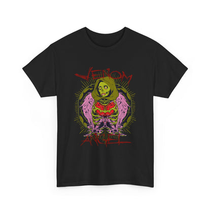 Luxury men’s t-shirt featuring striking green angel artwork with intricate skull and wing designs, perfect for making a bold fashion statement.