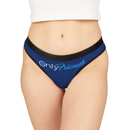 Model showcasing the OnlyFriends thong in royal blue, designed with a playful print and flattering cut, embodying confidence and style for the modern woman.