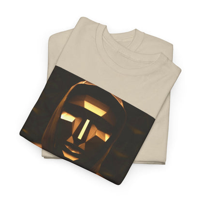 Sophisticated stacked Squid Game unisex graphic cotton t-shirts, elegantly folded, highlighting the intricate design of the celebrated masked persona.