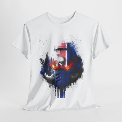 Elegant unisex graphic t-shirt featuring a striking helmet design with red glowing eyes and splatter art in blue and black. Ideal for fans of unique urban streetwear and pop culture.