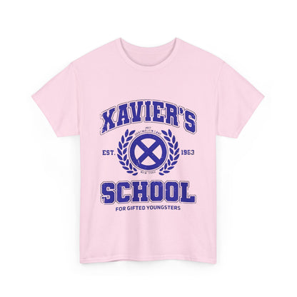 Front view of an elegant light pink tee shirt featuring the Xavier's School for Gifted Youngsters X-Men Logo, designed for those who celebrate their uniqueness.