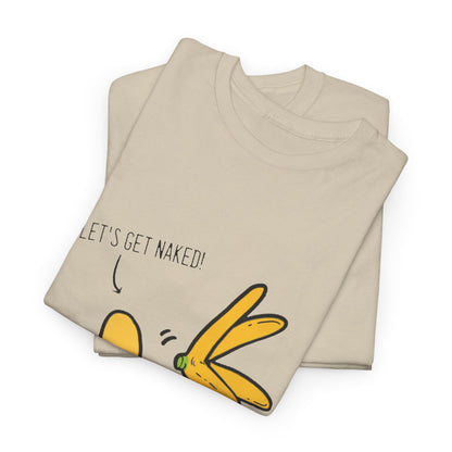 Luxurious unisex graphic cotton t-shirt featuring a cheeky cartoon banana design with the playful phrase 'LET'S GET NAKED!' in bold typography, perfect for stylish urban wear.