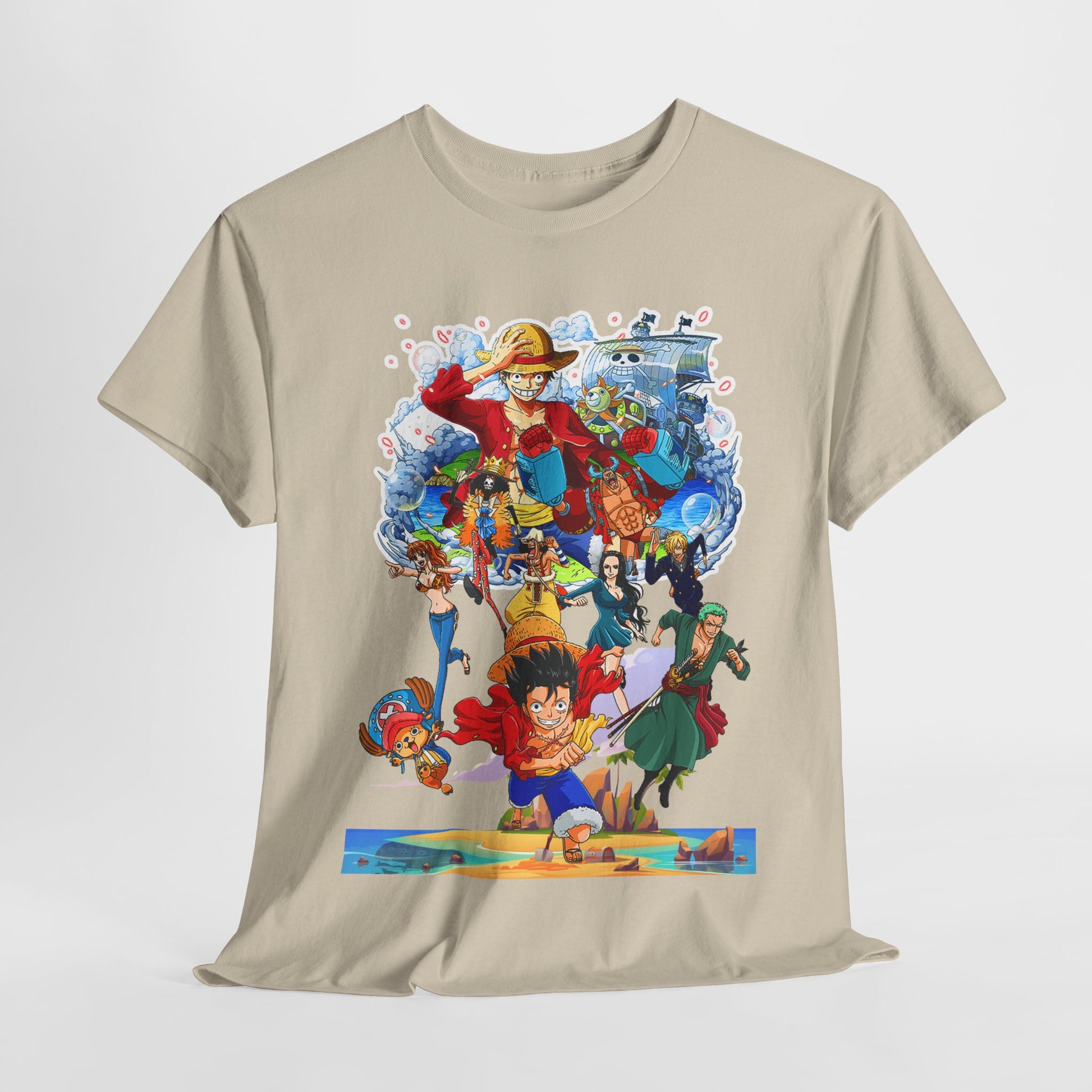 Luxurious beige men's t-shirt adorned with vibrant anime-style artwork, showcasing iconic characters in a dynamic scene, perfect for adventurous fans.