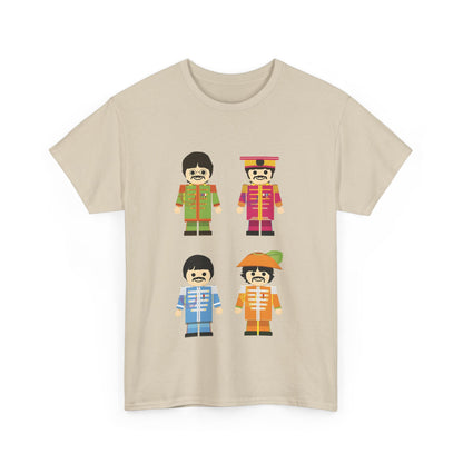 The Toy Beatles Graphic T-Shirt in beige adorned with playful cartoon depictions of The Beatles in iconic styles, perfect for those who appreciate luxury and timeless music history.