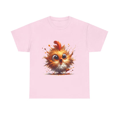 Explosive Joy Tee - Cartoon Bird Edition, featuring a vibrant light orange bird illustration on a soft pink backdrop, perfect for adding a playful touch to your luxury wardrobe.