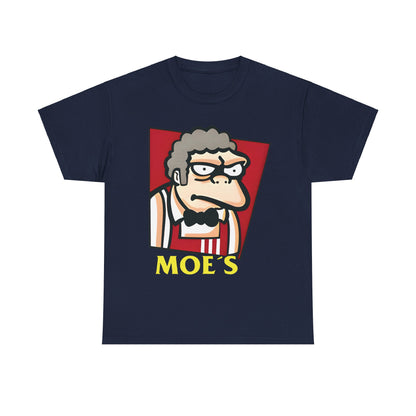 Luxury graphic t-shirt featuring a vibrant illustration of Moe from The Simpsons in a KFC-inspired uniform, titled 'The Simpson's Moe's KFC Logo Mashup Graphic T Shirt Tee'.