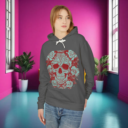 Model wearing a dark grey Skull and Roses Lightweight Hoodie with a striking floral skull graphic, exuding edgy sophistication.