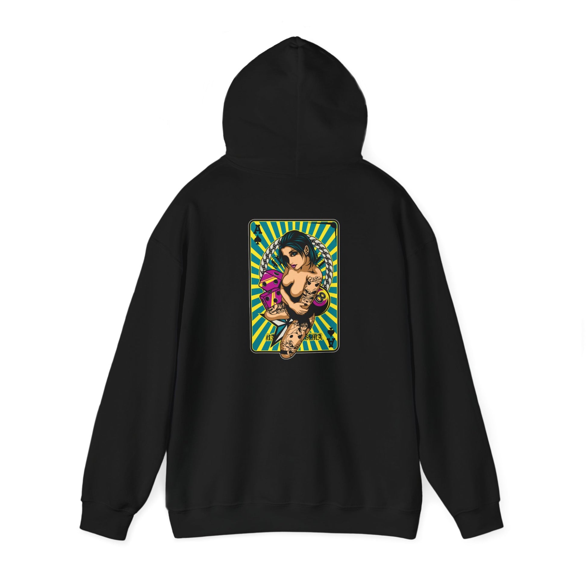 Luxury black hoodie featuring vibrant back print artwork of a tattooed woman surrounded by playing cards, designed for bold style and individuality.