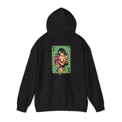 Luxury black hoodie featuring vibrant back print artwork of a tattooed woman surrounded by playing cards, designed for bold style and individuality.