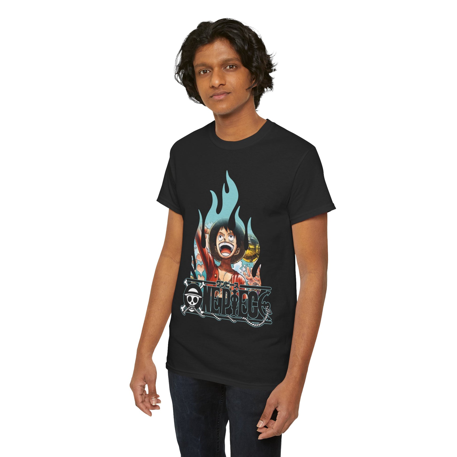 Chic portrait of a young man donning a classic black graphic t-shirt showcasing Luffy with vibrant teal flames, stylishly paired for a modern, luxury casual look.