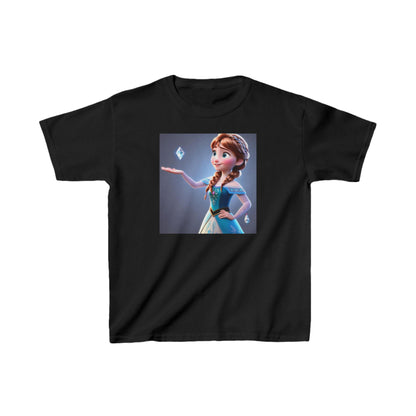 Kids Frozen Anna Heavy Cotton T-Shirt in black, adorned with an enchanting image of Anna from Disney's Frozen, ideal for stylish young girls.