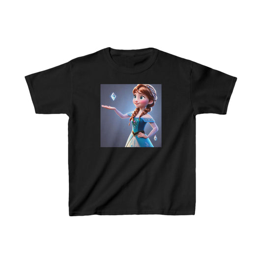 Kids Frozen Anna Heavy Cotton T-Shirt in black, adorned with an enchanting image of Anna from Disney's Frozen, ideal for stylish young girls.