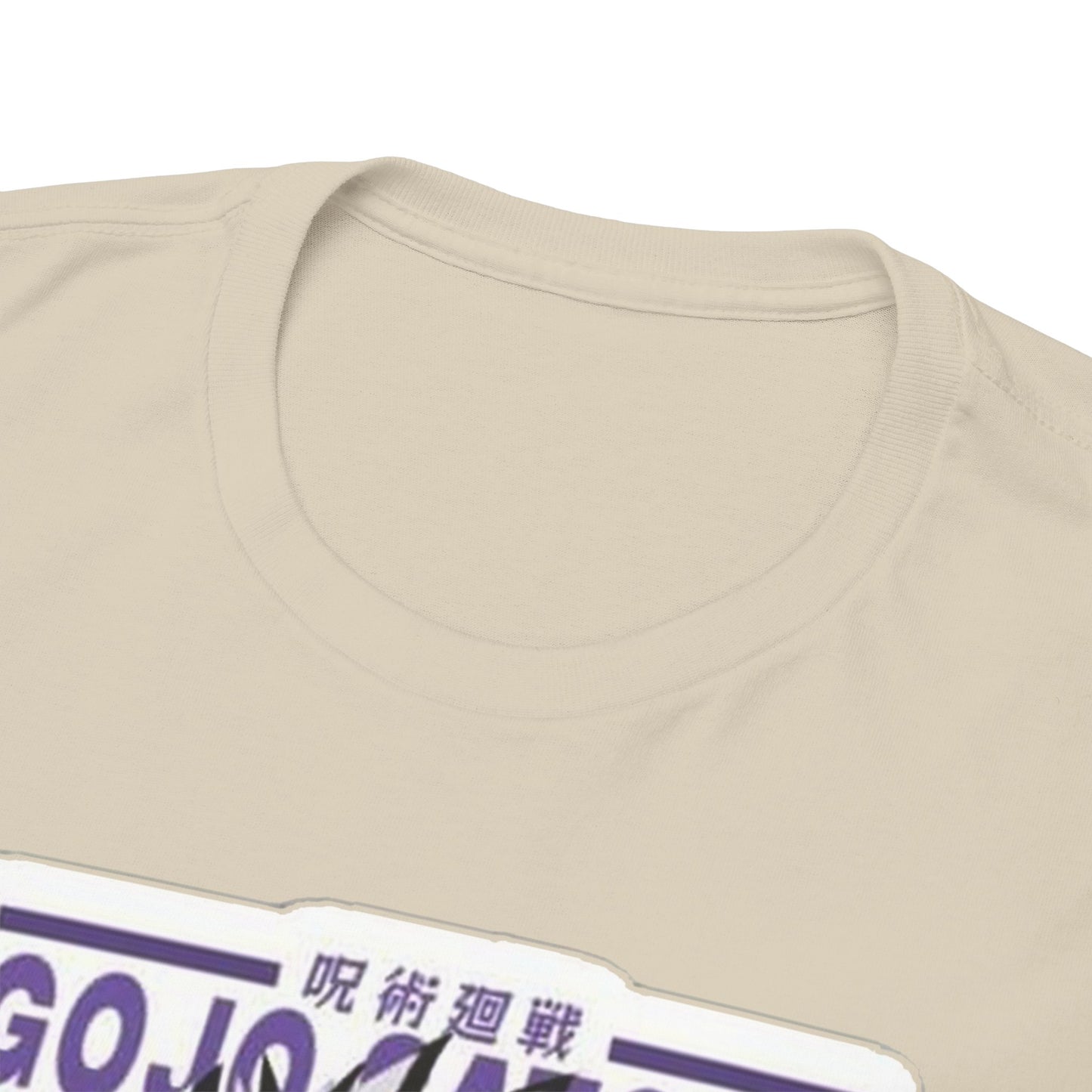 Close-up view of a luxurious Gojo Satoru T-shirt neckline, emphasising comfort and quality in the design inspired by Jujutsu Kaisen.