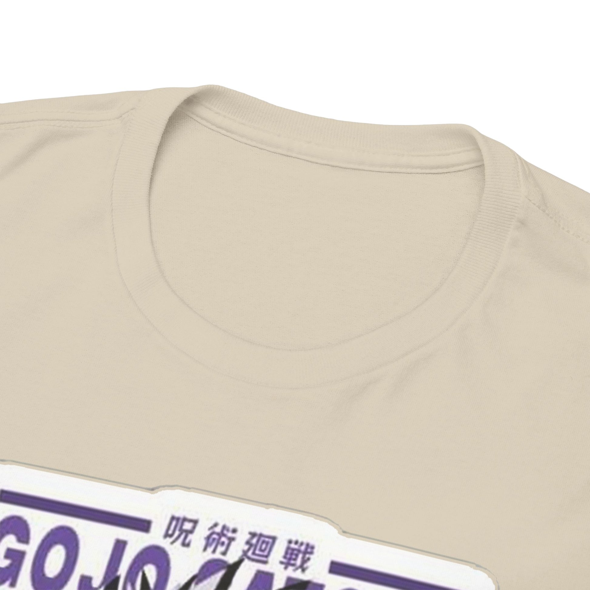 Close-up view of a luxurious Gojo Satoru T-shirt neckline, emphasising comfort and quality in the design inspired by Jujutsu Kaisen.