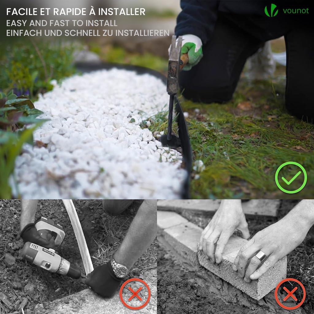 VOUNOT? 40m Flexible Lawn Garden Edging Border, Plastic Grass Path Edging with 80 Reinforced Securing Pegs, Height 5cm, Black