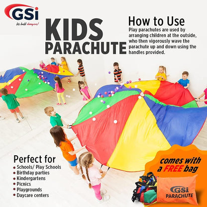 GSi Kids Play Parachute Rainbow Parachute Toy Tent Game for Children Gymnastic Cooperative Play and Outdoor Playground Activities (16 Feet)
