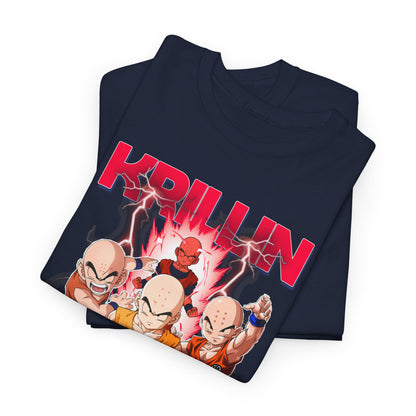 Luxuriously folded Dragon Ball Z T-shirts featuring Krillin, designed with bold graphics and premium fabric, ideal for anime enthusiasts.