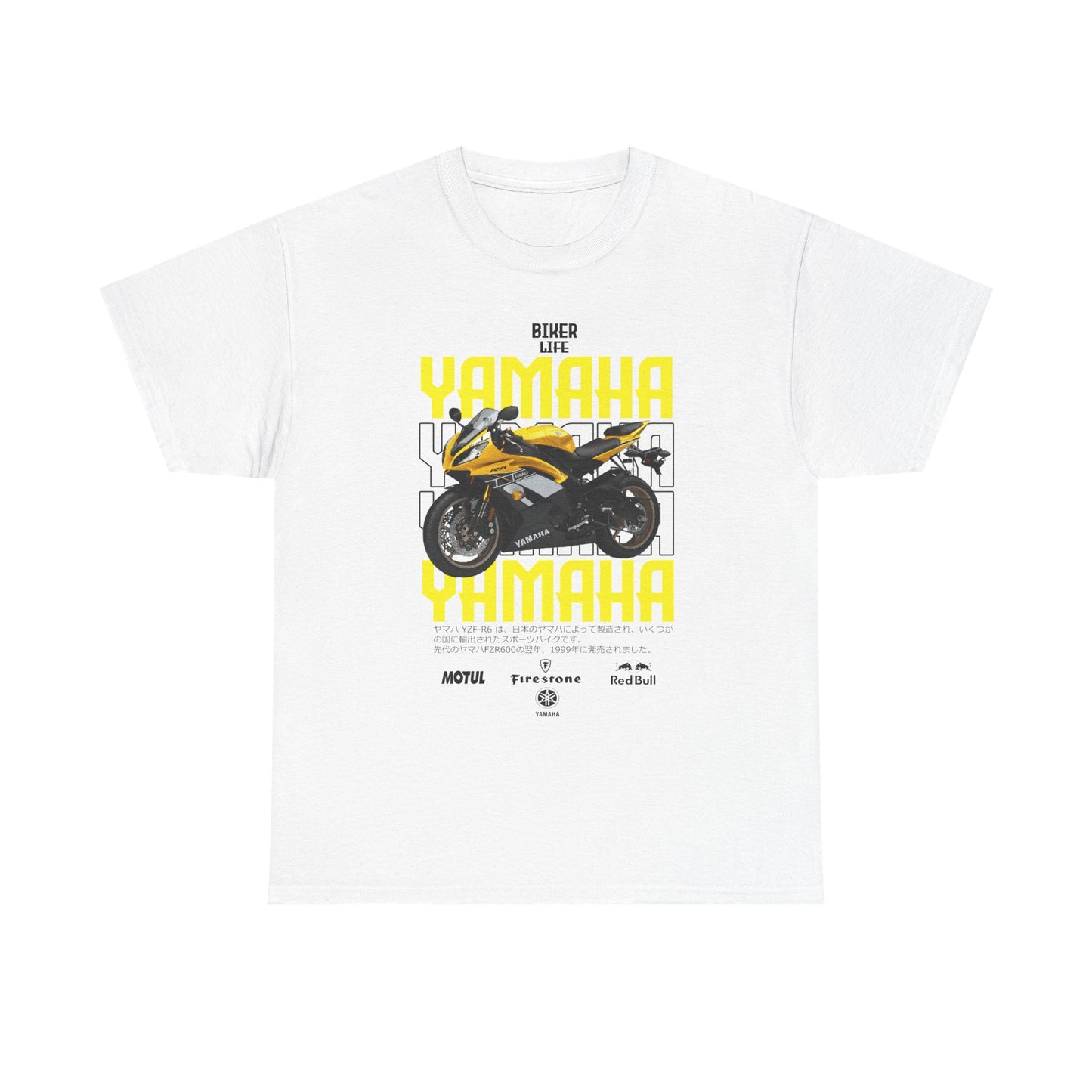 Luxurious white Yamaha YZF-R6 t-shirt featuring a striking graphic of the iconic motorcycle with bold yellow and black elements, embodying the spirit of the biker lifestyle.