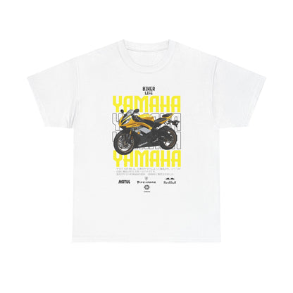 Luxurious white Yamaha YZF-R6 t-shirt featuring a striking graphic of the iconic motorcycle with bold yellow and black elements, embodying the spirit of the biker lifestyle.
