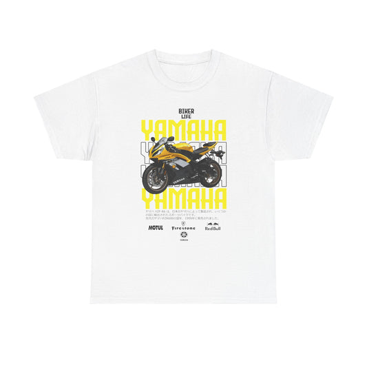 Luxurious white Yamaha YZF-R6 t-shirt featuring a striking graphic of the iconic motorcycle with bold yellow and black elements, embodying the spirit of the biker lifestyle.