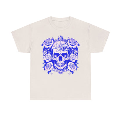 Skulls and Roses Cotton Tee in cream, showcasing a luxurious unisex graphic shirt featuring a steampunk-inspired design with intricate skulls and beautiful roses.