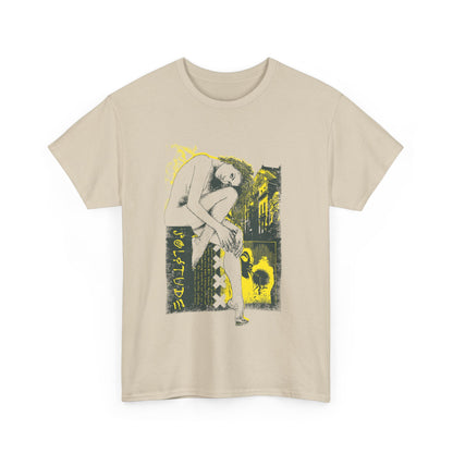 Luxurious men's T-shirt featuring an artistic graphic design of a stylized female figure, showcasing vintage urban aesthetics with shades of grey and vibrant yellow, perfect for contemporary fashion enthusiasts.