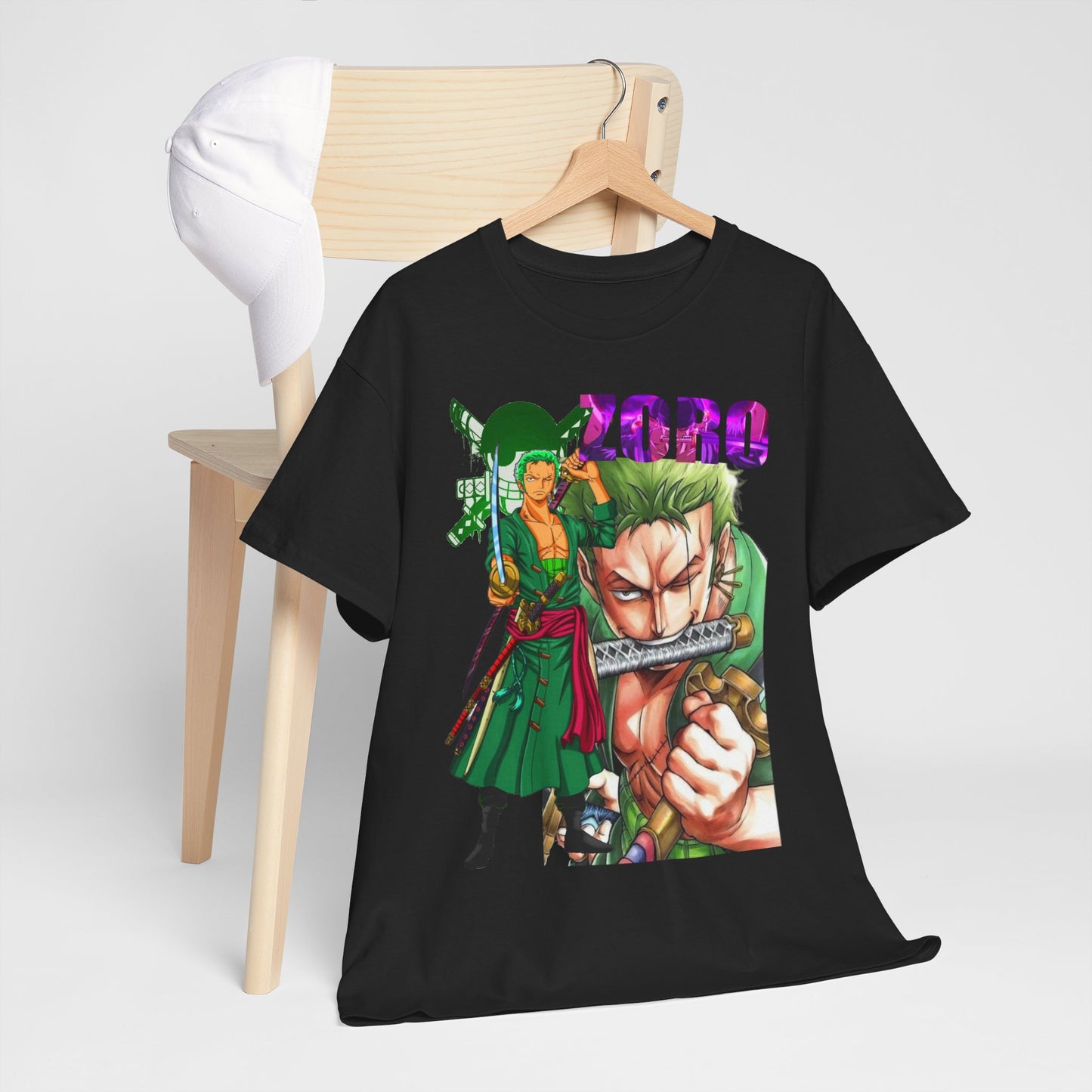 Elegant black Roronoa Zoro graphic t-shirt displayed stylishly on a wooden chair, showcasing bold artwork ideal for anime aficionados.