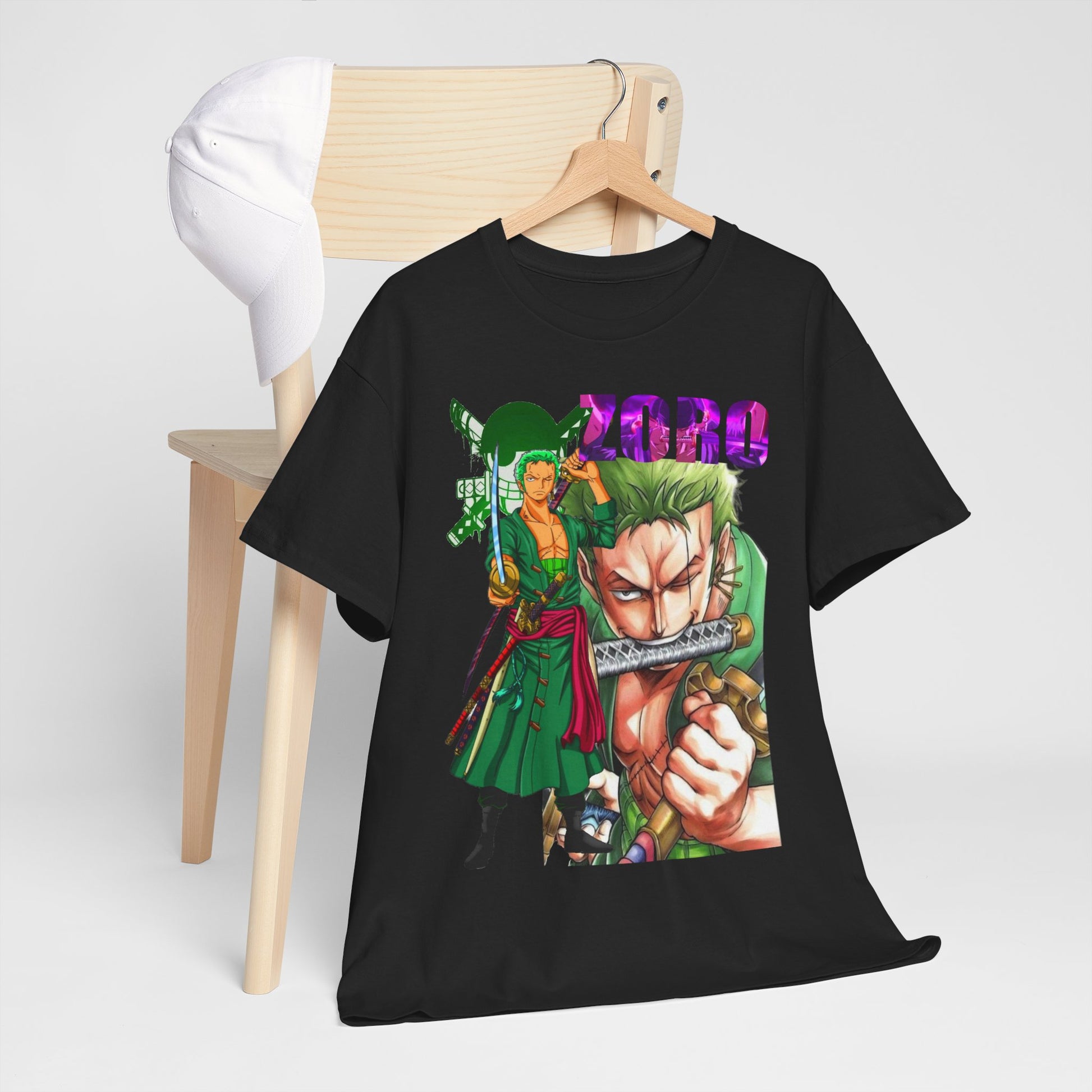 Elegant black Roronoa Zoro graphic t-shirt displayed stylishly on a wooden chair, showcasing bold artwork ideal for anime aficionados.