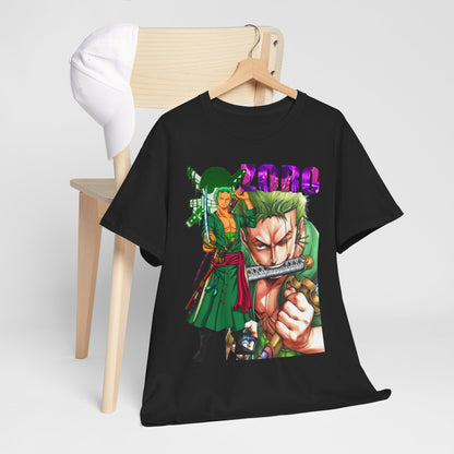 Elegant black Roronoa Zoro graphic t-shirt displayed stylishly on a wooden chair, showcasing bold artwork ideal for anime aficionados.