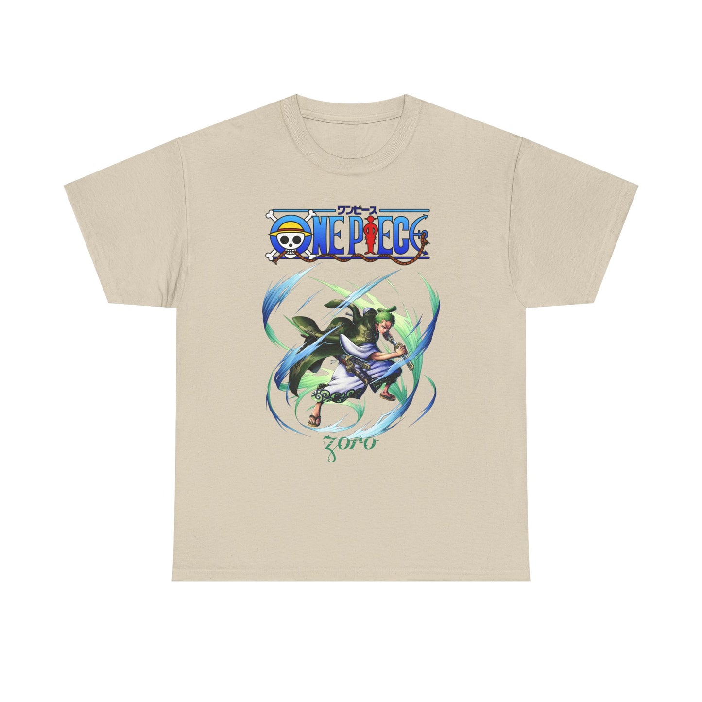 Chic beige t-shirt showcasing a striking design of Zoro from One Piece, depicted in a dynamic action stance surrounded by lively swirling patterns, perfect for stylish anime lovers.