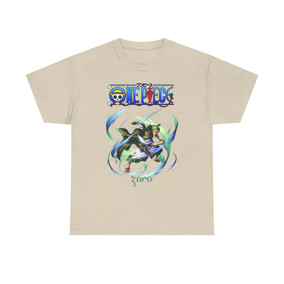 Chic beige t-shirt showcasing a striking design of Zoro from One Piece, depicted in a dynamic action stance surrounded by lively swirling patterns, perfect for stylish anime lovers.