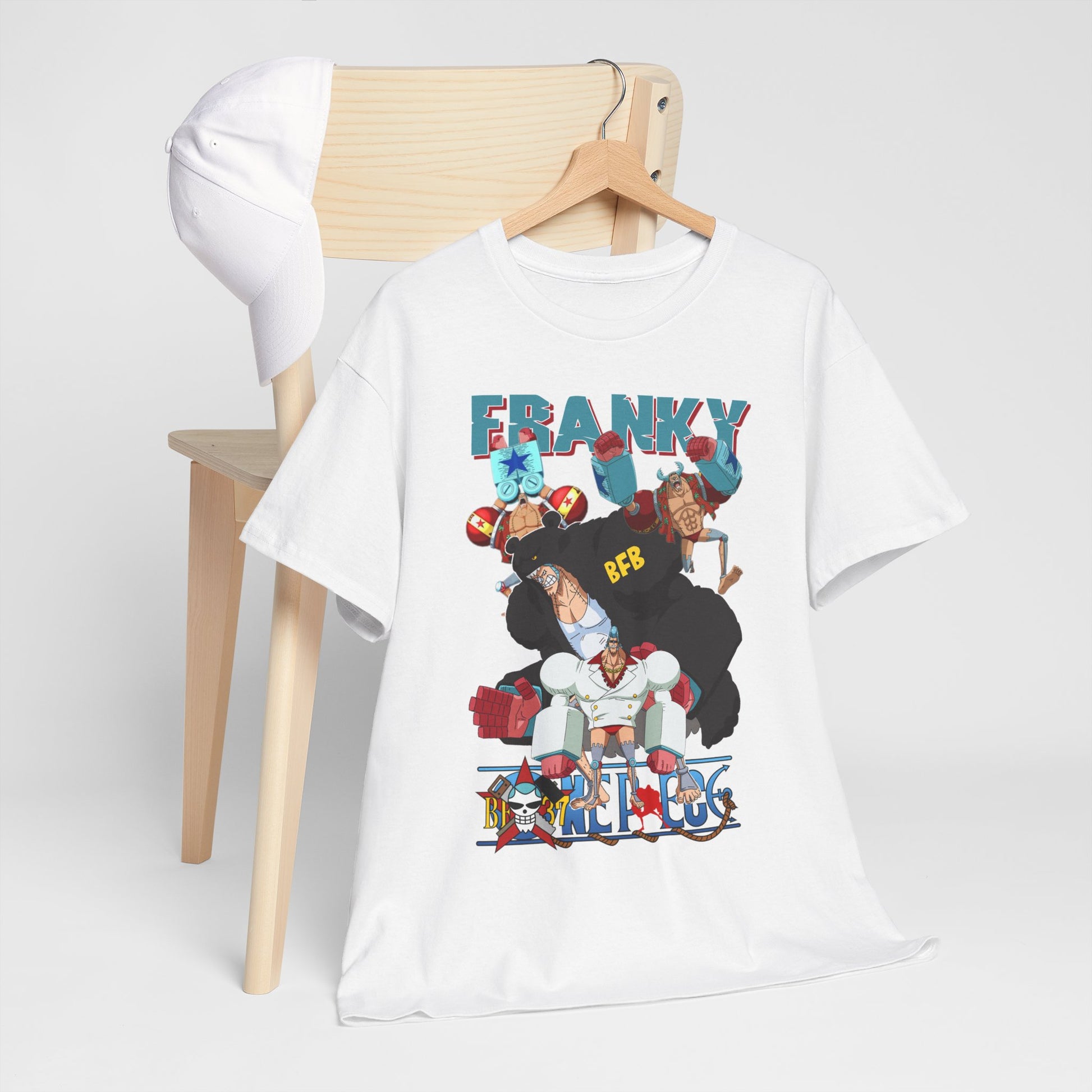 Elegant display of a white mens t-shirt on a wooden hanger, adorned with eye-catching anime graphics, perfect for fashion-forward fans.