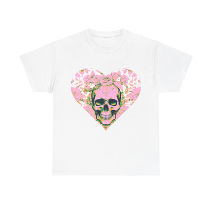 Front view of a white variant of the Skulls and Roses Cotton Tee, prominently displaying an elegant skull and rose heart print.