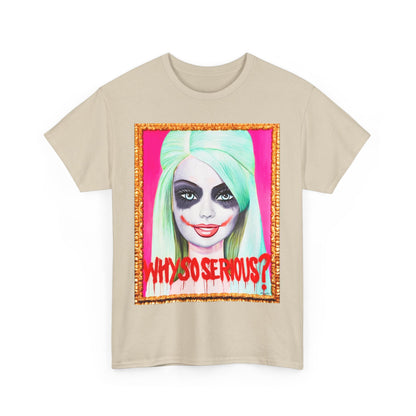 Why So Serious Joker Barbie Women's Graphic T-Shirt showcasing an artistic interpretation of Barbie with Joker aesthetics, highlighted by vivid colours and bold text in a luxurious design.