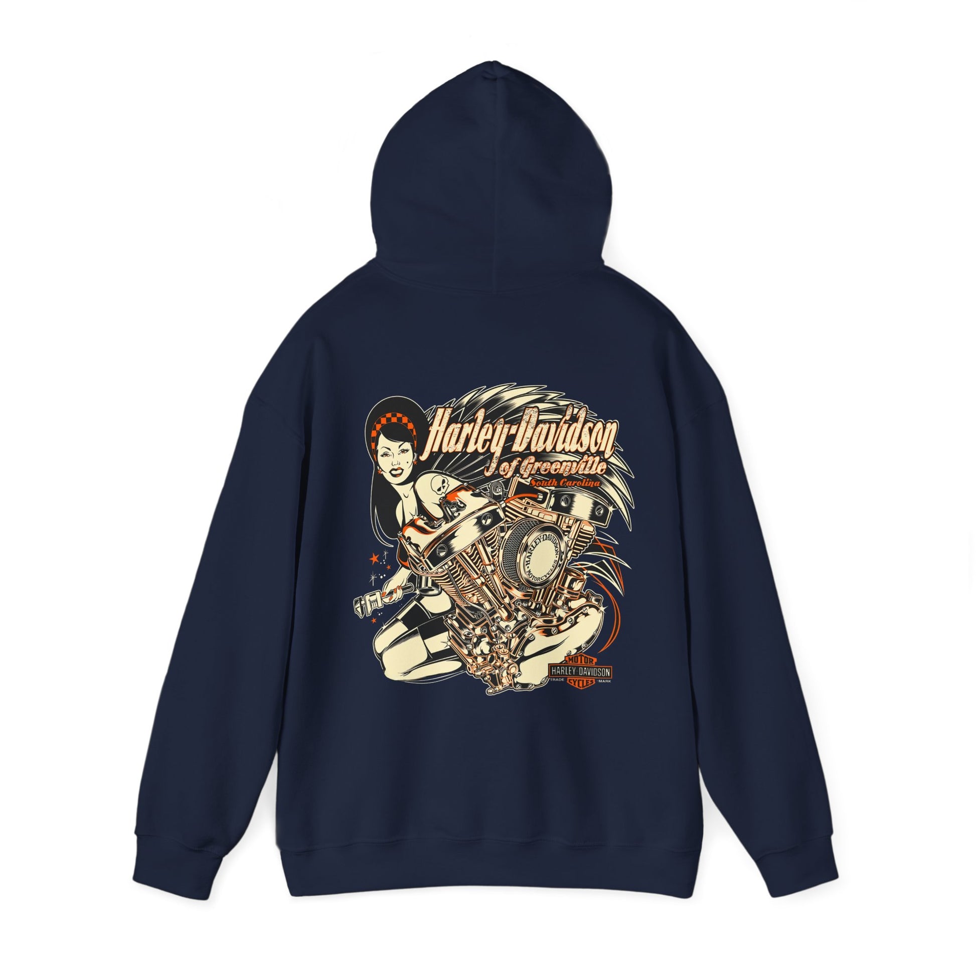 Elegant navy blue Harley-Davidson back print hoodie highlighting a bold illustration of a woman and powerful motorcycle engine, perfect for sophisticated style and comfort.