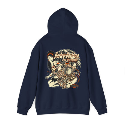 Elegant navy blue Harley-Davidson back print hoodie highlighting a bold illustration of a woman and powerful motorcycle engine, perfect for sophisticated style and comfort.