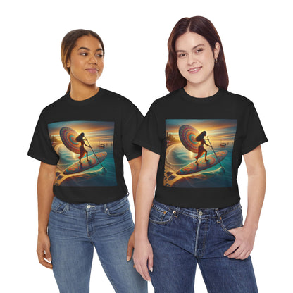 Exclusive graphic T-shirt from Dazzling Dreams Studio, perfect for paddleboarding lovers, featuring a stunning water scene.